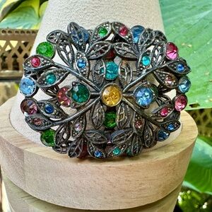 Antique 1930's Czech Glass Art Deco Colorful Glass Rhinestone Filigree Brooch